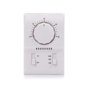 AC303F HVAC Non-Programmable 3-Speed Fan Coil Thermostat — AC 230V Flame-Retardant PC+ABS for Hotel, Hospital, Office, School & Warehouse