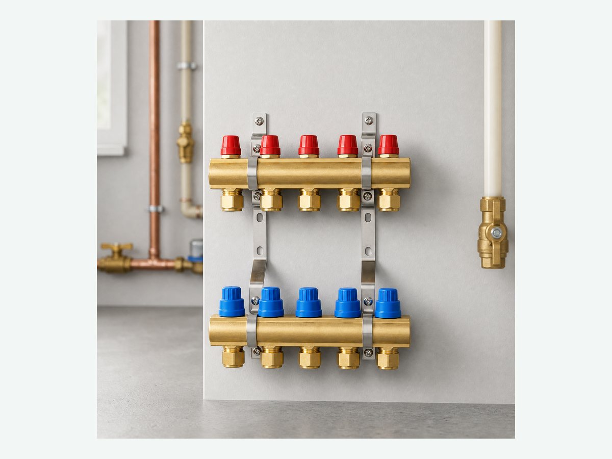 Five circuit brass manifold with color coded caps