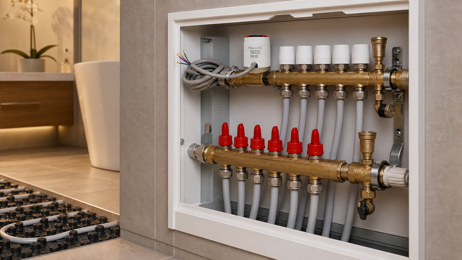 Flexible actuator in bathroom floor heating manifold cabinet