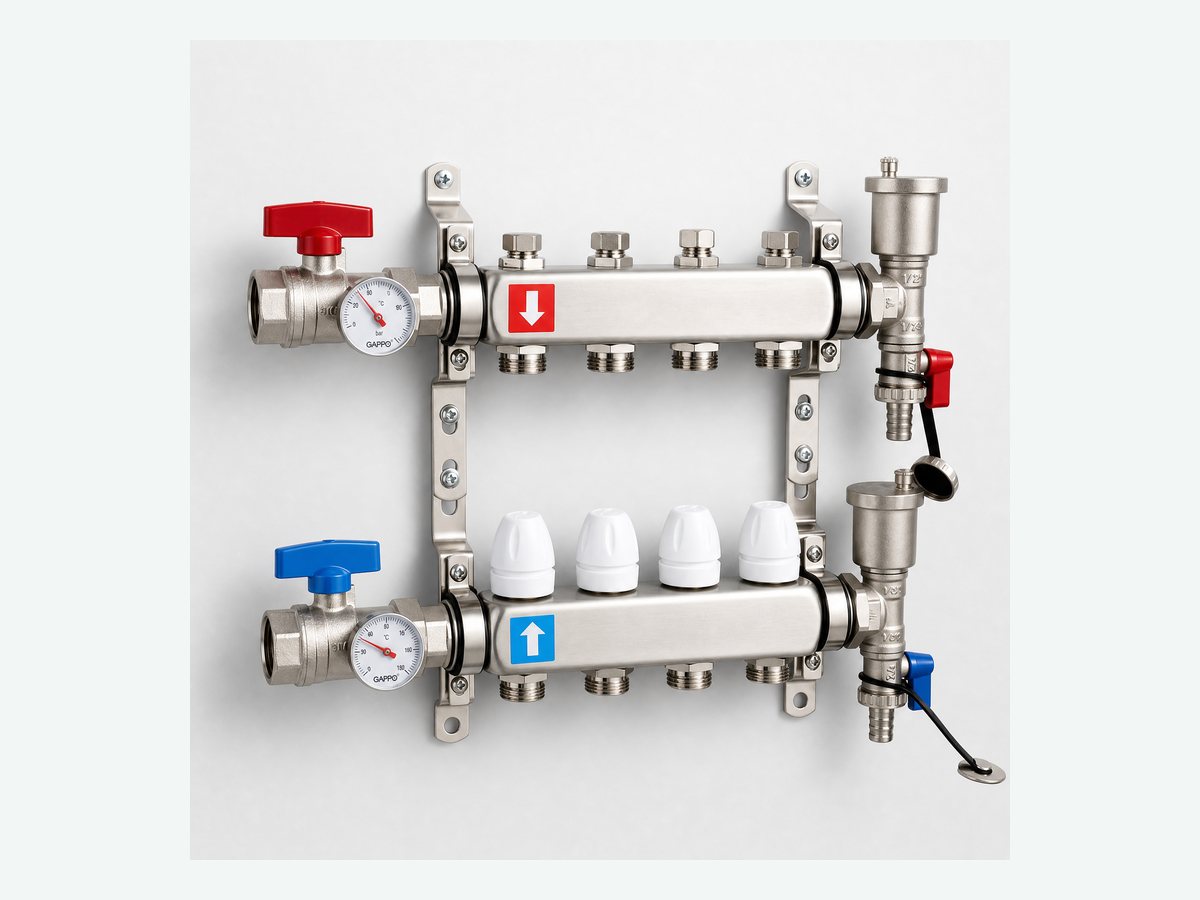 Stainless steel manifold with red and blue valves