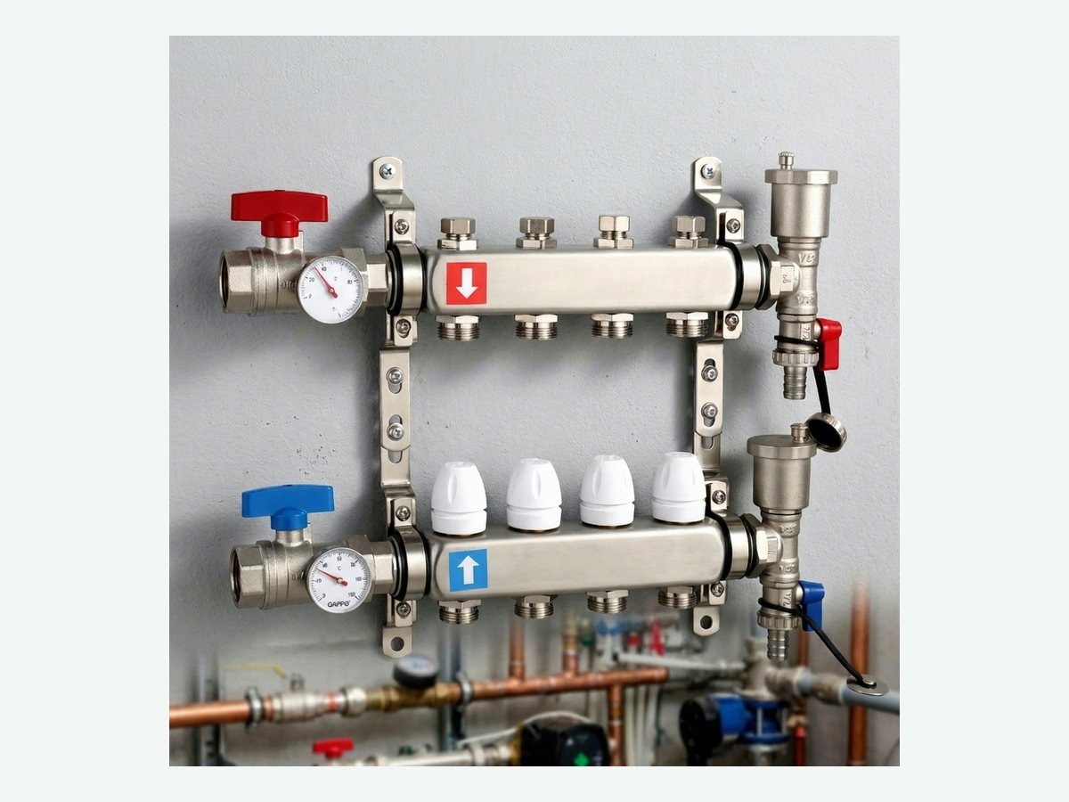 Four outlet manifold in floor heating installation