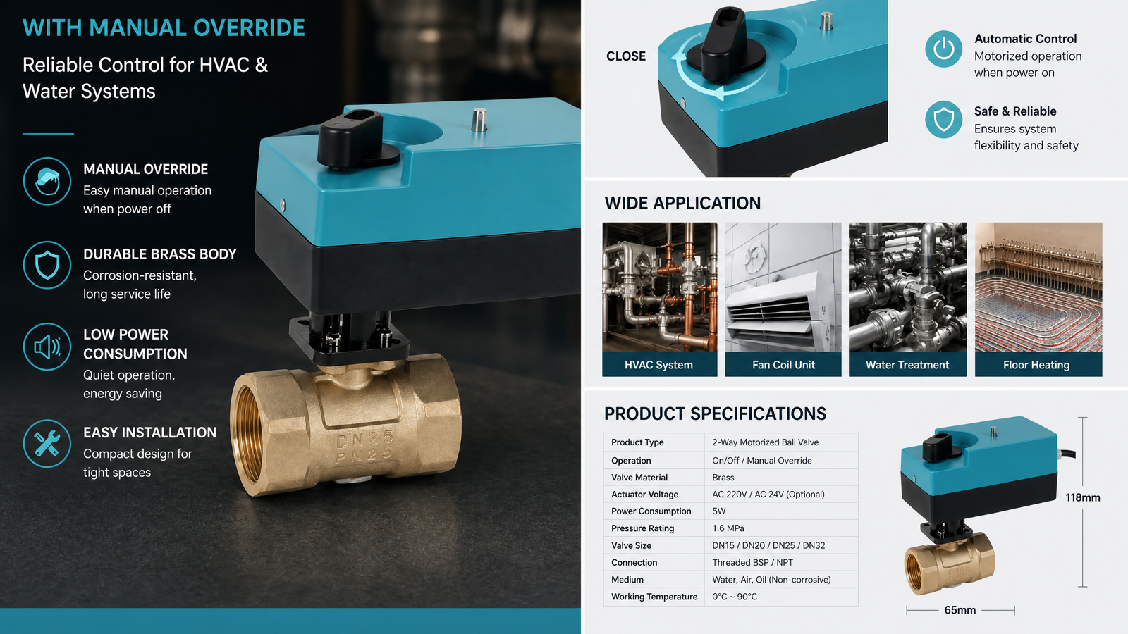 Wide manual override motorized ball valve application and specification banner