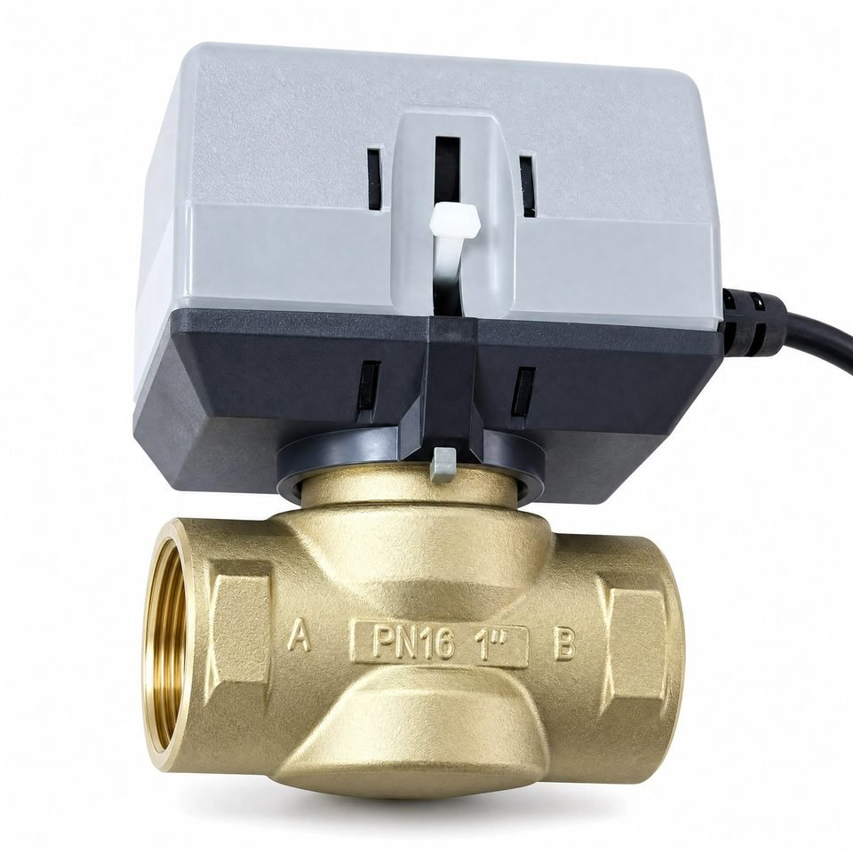 Angled grey actuator and brass valve
