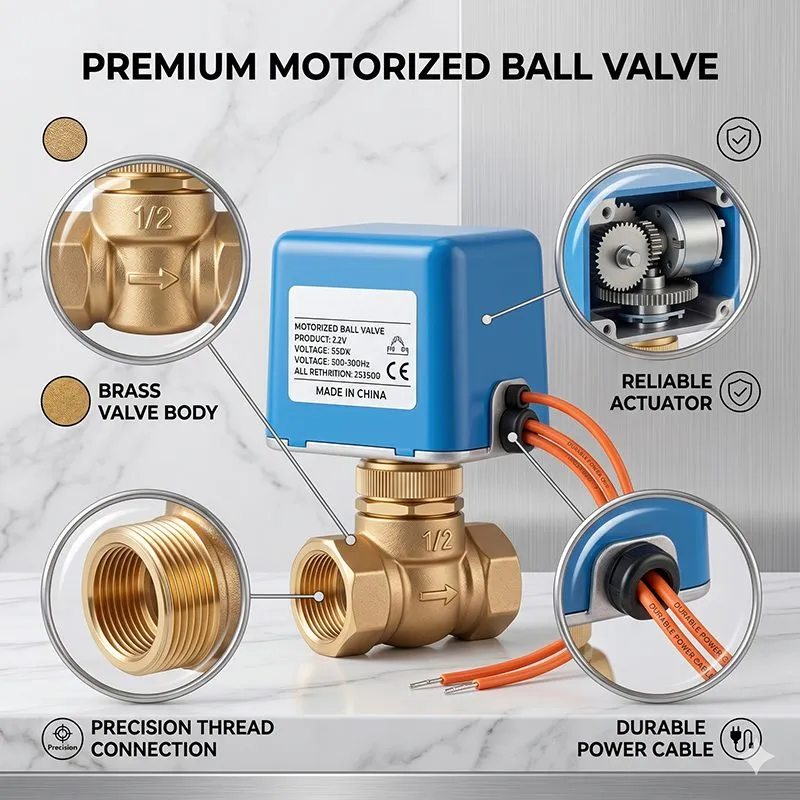 Premium motorized brass ball valve construction graphic
