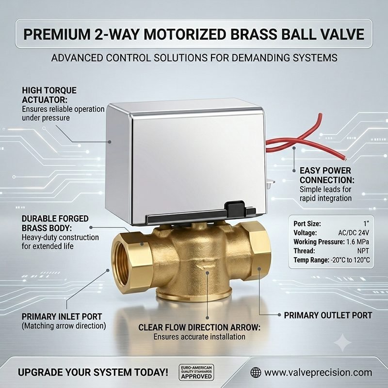 Premium motorized brass ball valve specification graphic