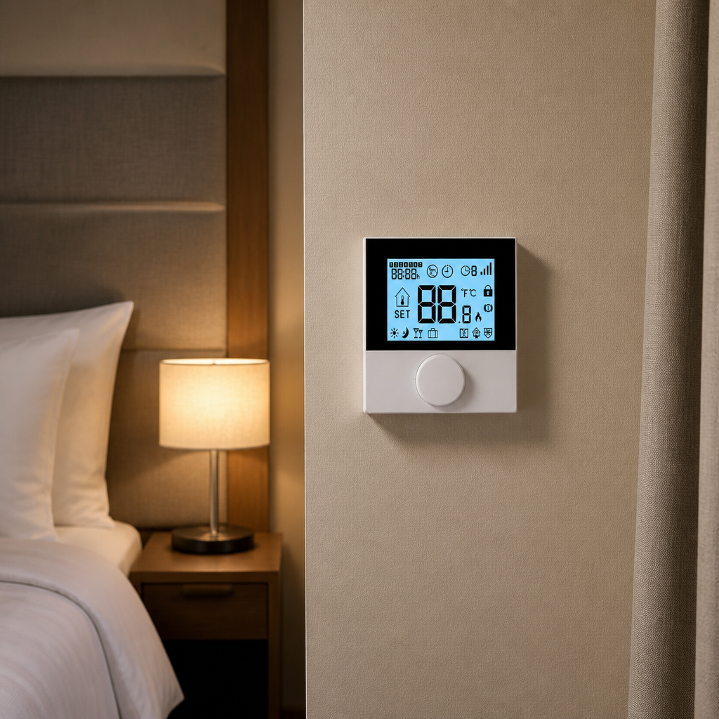 Intelligent home comfort feature presentation with black LCD bezel and labeled thermostat functions