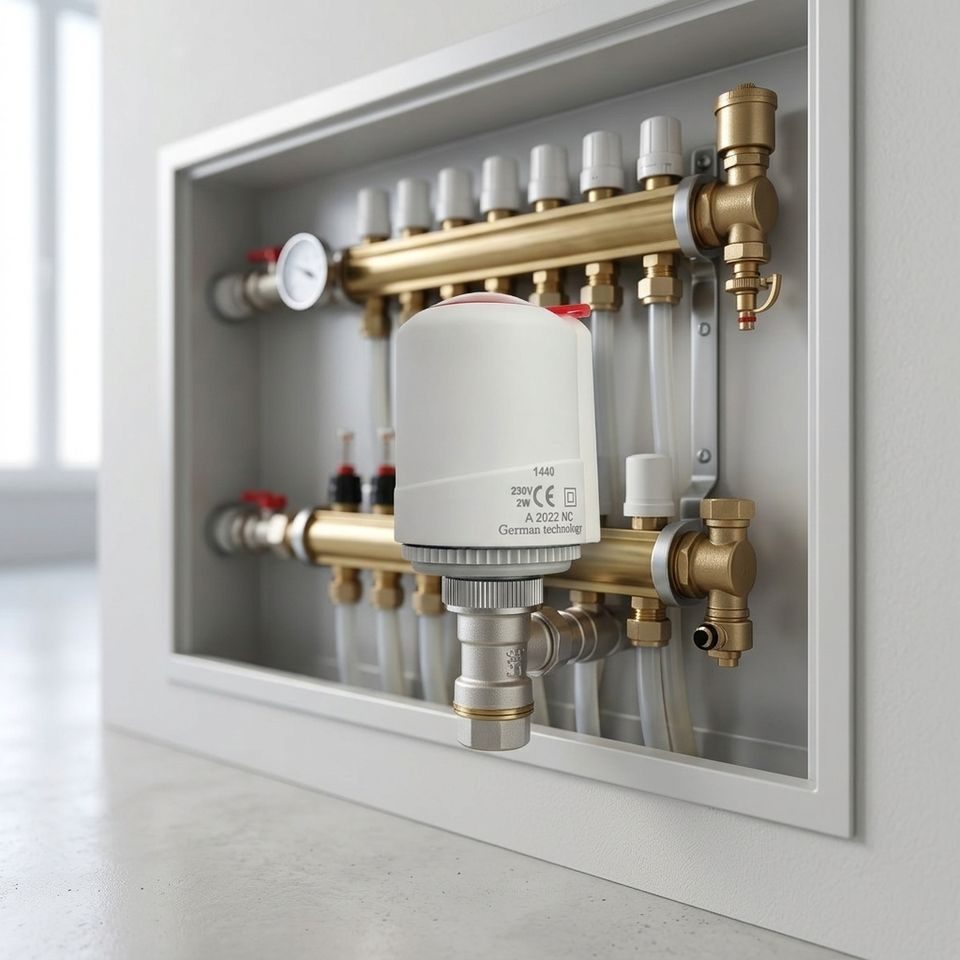TL42 actuator installed in hotel radiant water floor heating manifold