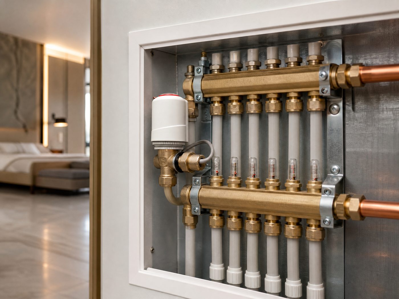 Illustrative TL42 actuator application in a hotel radiant water floor heating manifold