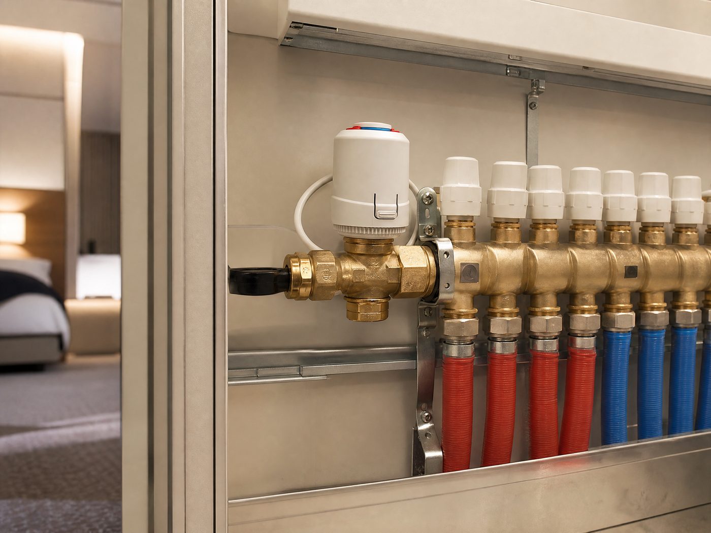 Illustrative TL43 actuator application in a hotel radiant water floor heating manifold