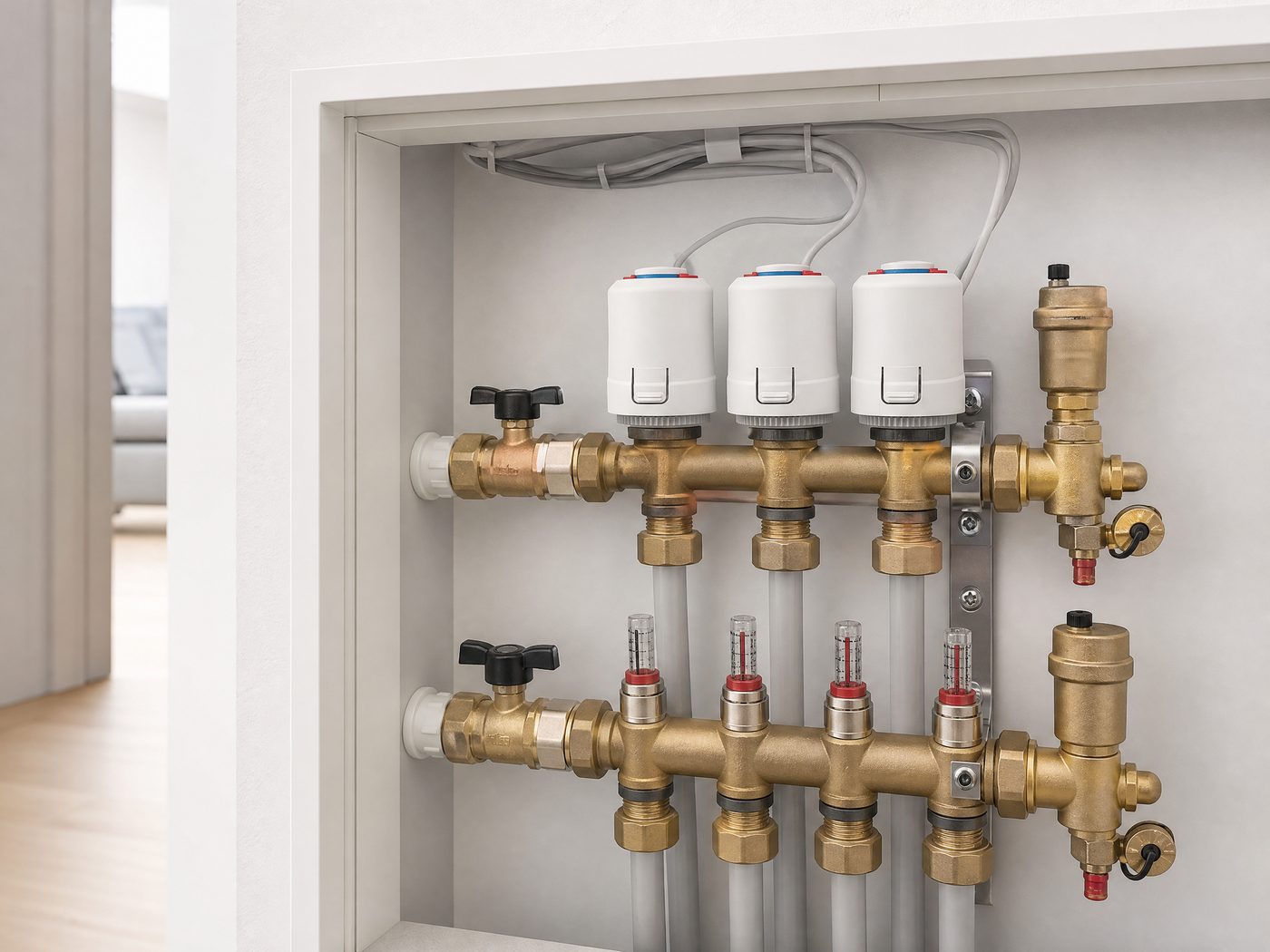 Illustrative TL43 actuators in a residential hydronic manifold