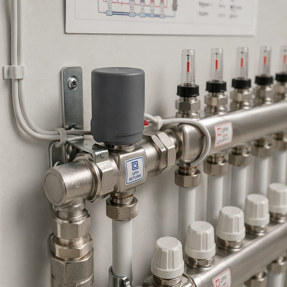 TL-52 actuator installed on hydronic heating manifold