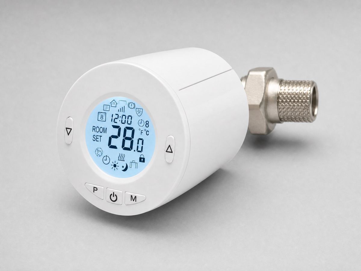 White smart thermostat three-quarter view